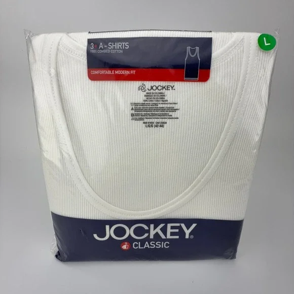 Jockey Classic Mens A-Shirt Undershirt 3-Pack White Ribbed Cotton‎ Large 9813