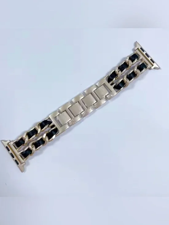 New silver and black Chain-Link Leather band for Apple Watch 38-49mm