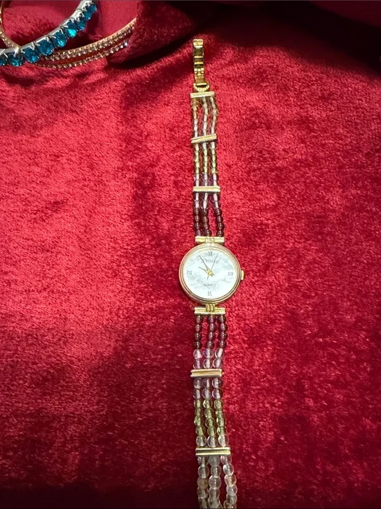 Prestige vintage genuine gemstones Watch;mother of pearl face great condition7”