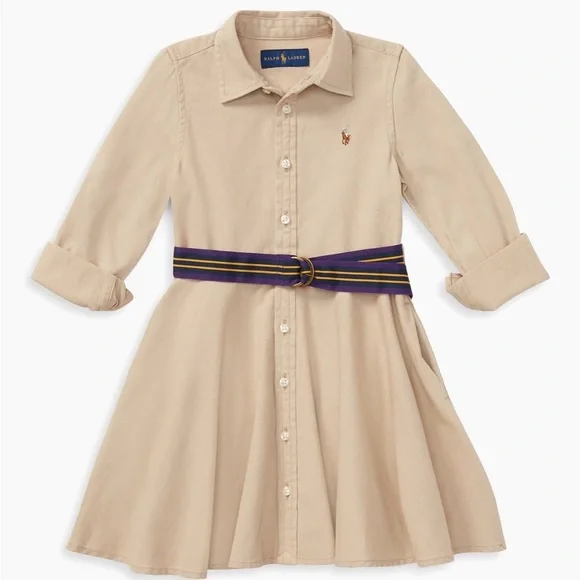 Ralph Lauren belted long sleeve khaki chino dress with collar little girls sz 6
