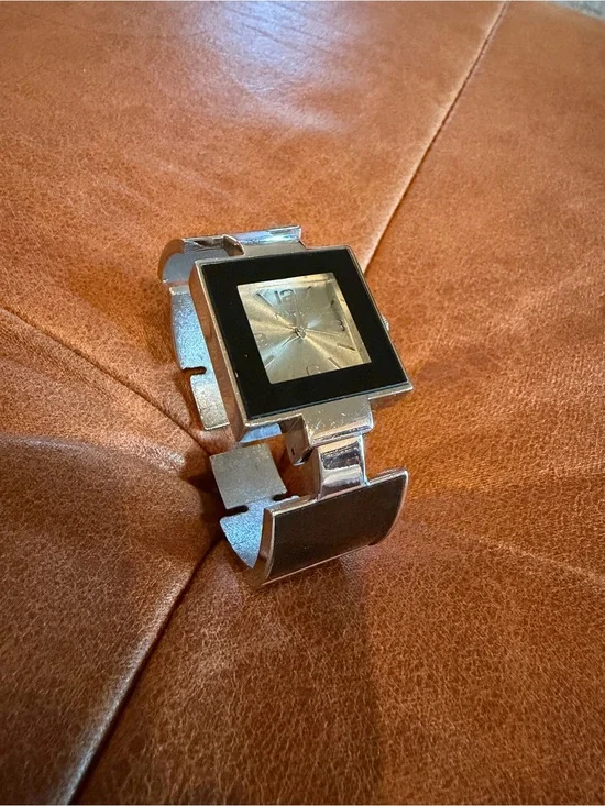 Vintage Narmi Square Statement Cuff Watch Silver & Black Hinged Bangle Bracelet