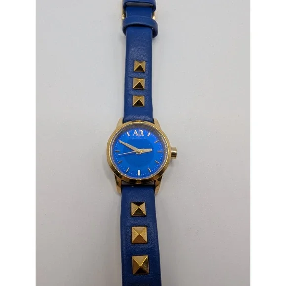 Armani Exchange AX6021 Womens Blue Leather Studded Quartz Watch Gold Tone Tested