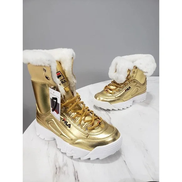 NEW NO BOX 5.5 WOMENS FILA Disruptor Shearling Winter Snow Boots Foldover GOld