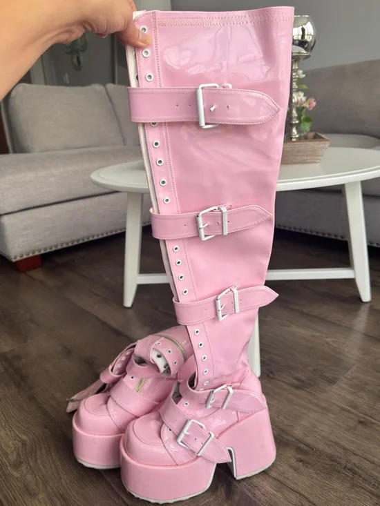 DEMONIA Platform Knee-High Buckle Boots - Pink