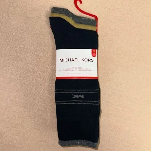 Michael Kors Men’s Pack of 3 Pairs Dress Crew Socks Navy Silver Gray Mustard
