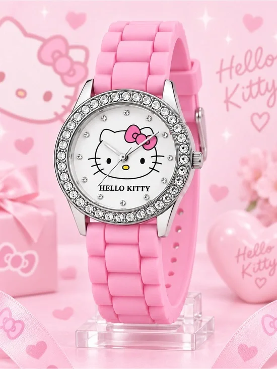 Hello Kitty Rhinestone Watch Pink Silicone Strap Silver Tone