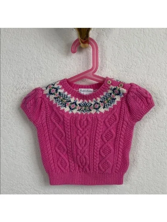 Ralph Lauren Girl's Pink Short Sleeve Sweater Fair Isle Cable Knit Floral