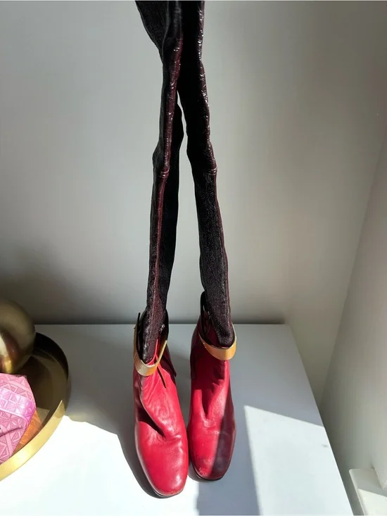 Stuart Weitzman Red Brown Patent Leather Belted Knee-High Boots