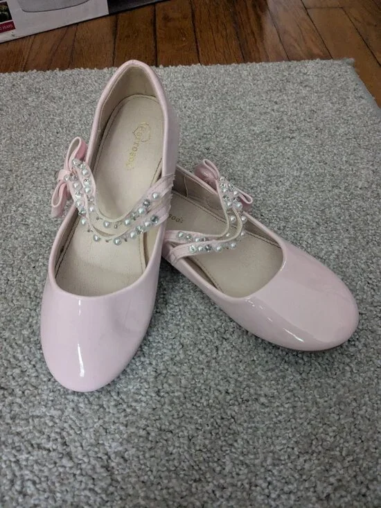 Girls Size 2 Pink Ballet Flats with Bow and Rhinestones & Pearl Straps