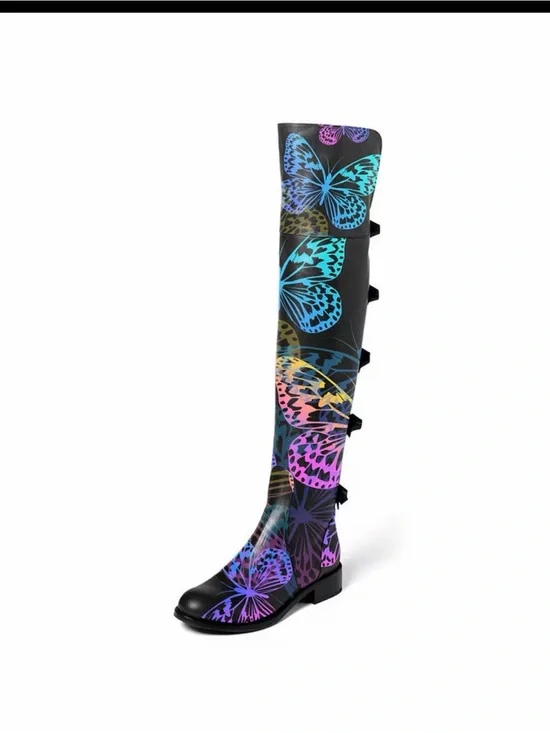 Women’s Black Knee-High Boots with Multicolor Butterfly Print