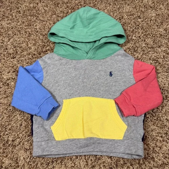 Ralph Lauren‎ Toddler Colorblock Hoodie Grey Navy Blue Red Yellow 18M Cotton