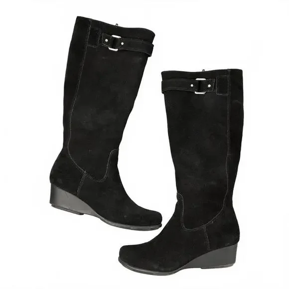 Laura Landsdale Black Suede Women's Knee-High Boots Wedge Heel 7M