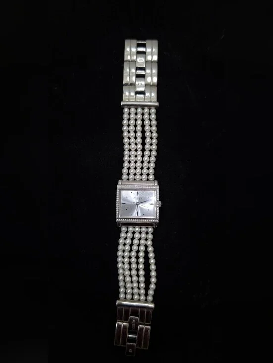 GUESS Silver Watch with White Pearl Multi-Strand Bracelet