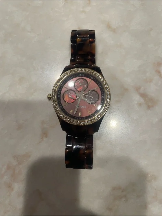 Fossil Tortoiseshell Link Watch with Rose Dial and Gold Crystal Bezel