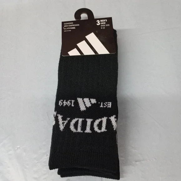 adidas Men's Black Cushioned‎ 3-Pack Crew Socks Size 6-12 Arch Compression