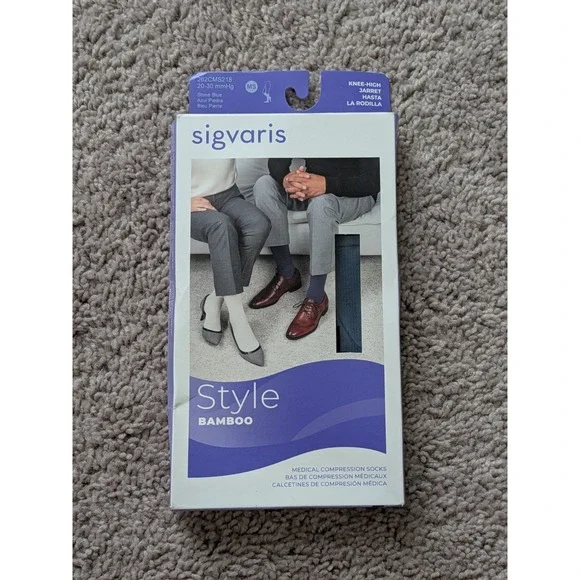 Sigvaris Mens Style Bamboo Compression Socks 20–30 mmHg Knee High Stone Blue NWT