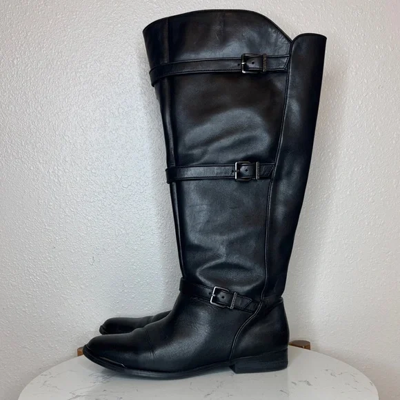 Gianni Bini Black Leather‎ Riding Just Below Knee Boots size 9.5 WIDE CALF