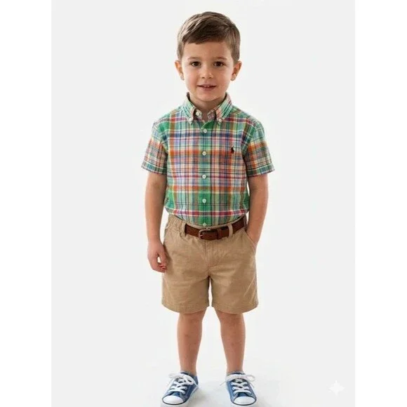 Polo Ralph Lauren Boys 4T Plaid Button Down Shirt Green Orange Blue Short Sleeve