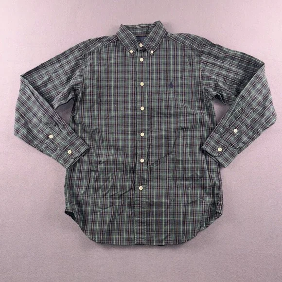 Ralph Lauren Kids Green Navy Plaid Button Down Shirt M 10-12 323141882