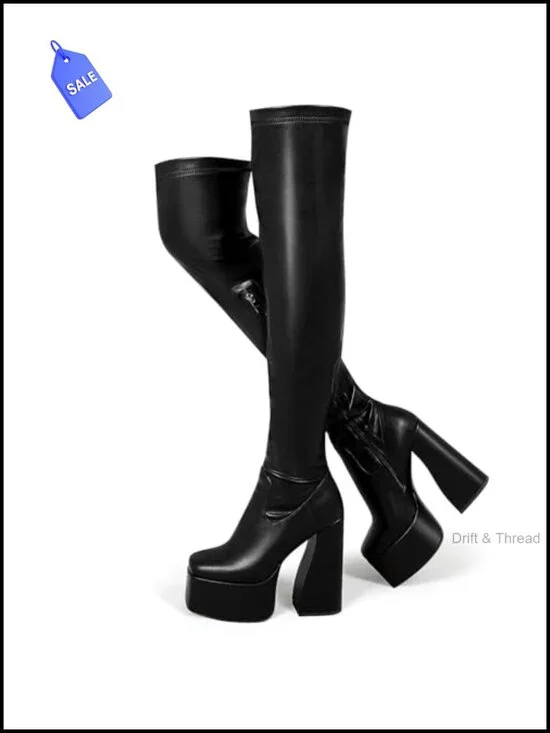 Platform Thigh High Boots Chunky Block Heels Over The Knee Stretch PU