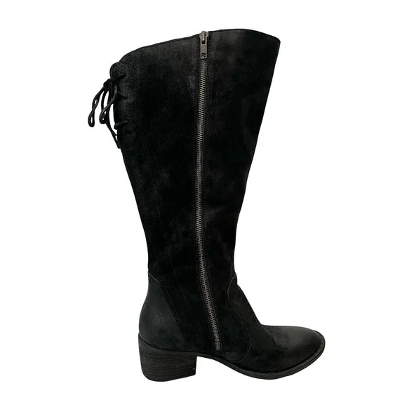 Born F33109 Black Distressed Suede Knee High Lace Up Back Boots Womens 10M WC