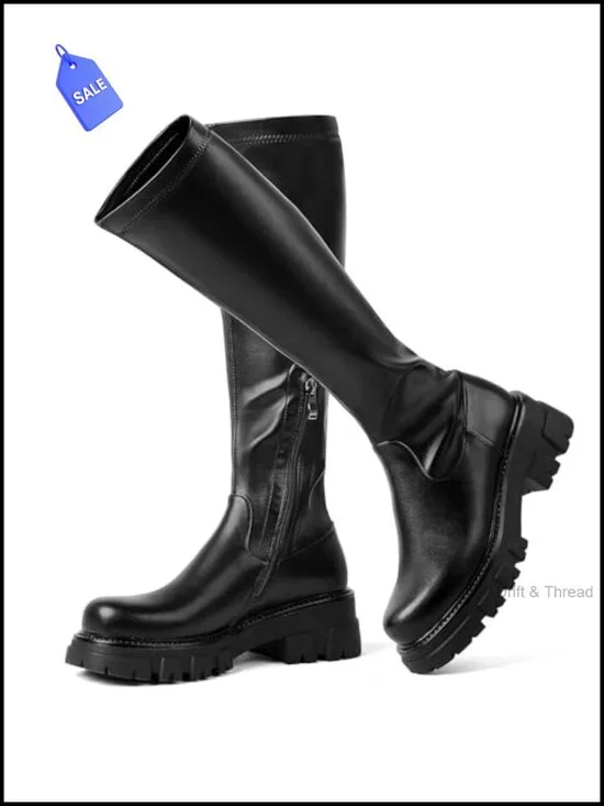 Women's Platform Knee High Stretch Boots Chunky Heel