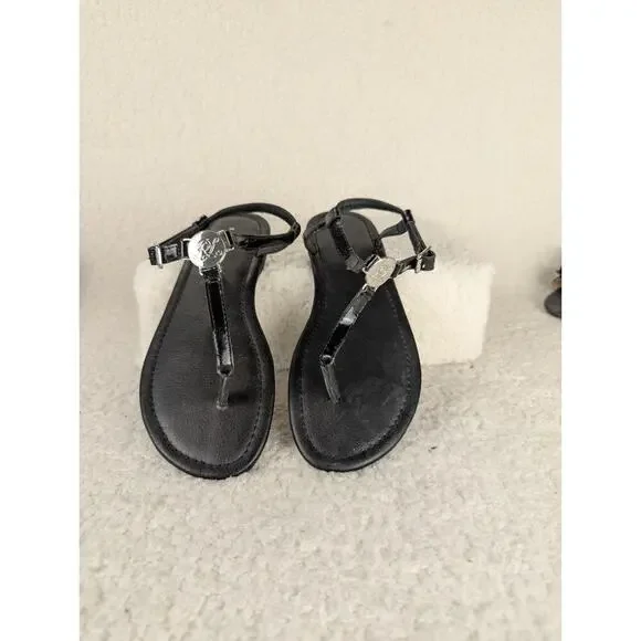 Ralph‎ Lauren Sueanne Sandals Boys 5 Black Excellent Silver RL Logo Thong Flat