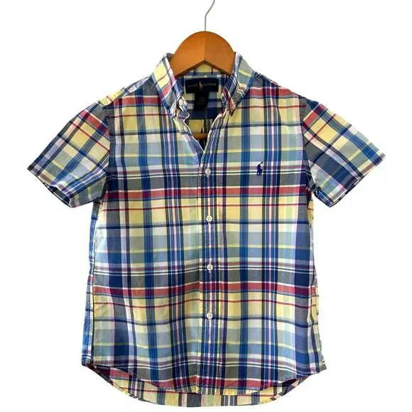 Ralph Lauren Boys Size 6 Madras Plaid Short Sleeve Button Down 100% Cotton