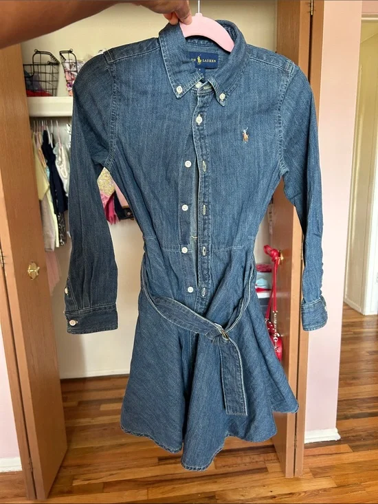 Ralph Lauren Blue Denim Button-Front Shirtdress with Tie Waist