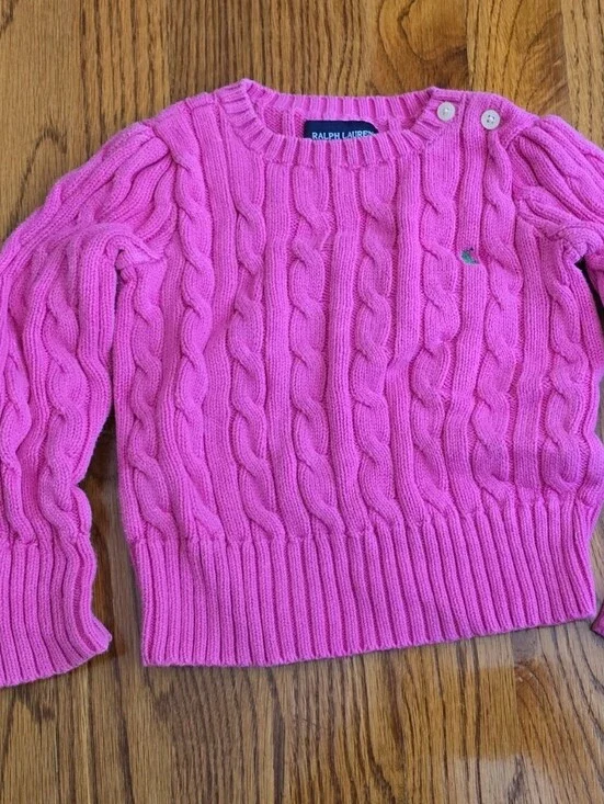 Ralph Lauren Bright Pink Cable Knit Crewneck Sweater with Shoulder Buttons