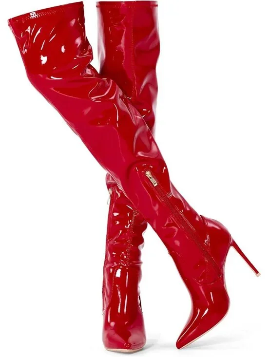 Women's Patent Leather Red Over the Knee Boots Pointed Toe Long Thigh High Heels