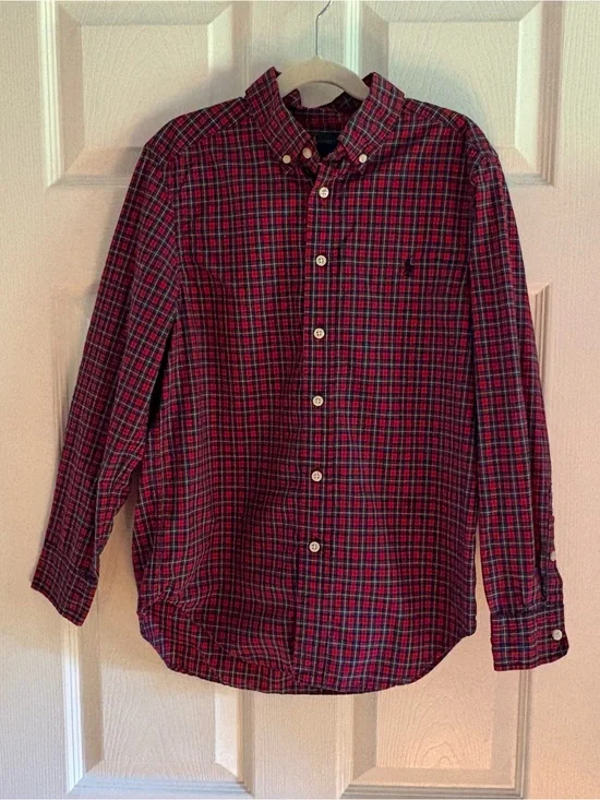Ralph Lauren Boys Plaid Button Down Shirt Red Youth Medium (10-12) Cotton