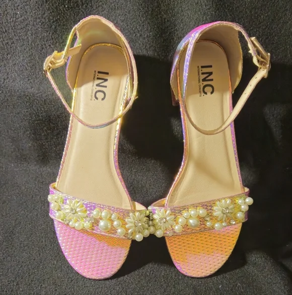 INC GIRLS Pink Iridescent Pearl-Embellished Ankle Strap Sandals - Size 3 to 4