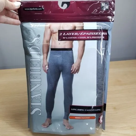 STANFIELDS Long Johns Mens Medium Gray 2 Layer Fitted Base Layer Pants
