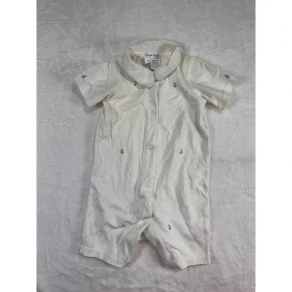 Ralph Lauren Anchor Embroidered Romper 9M‎ Cream Nautical Short Sleeve Baby Boy