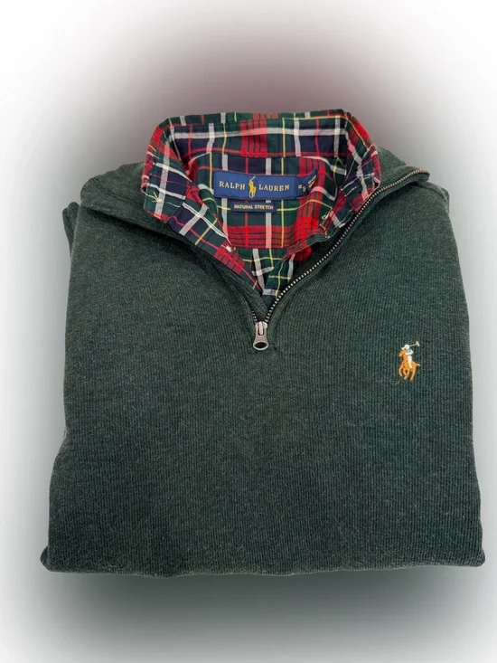 Ralph Lauren Boys 2 PCS Set Tartan Plaid Shirt 1/4 Zip Green Sweater Sz 10-12