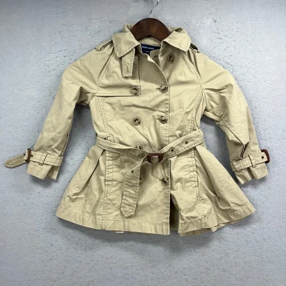Ralph Lauren Trench Coat Kids 4T Beige Double Breasted Pleated Peplum Classic