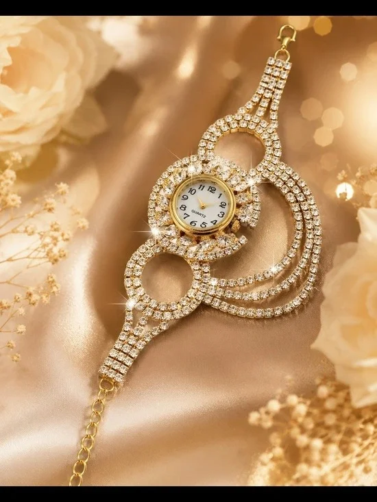 Women Gold Crystal Bracelet Watch Accessories- Battery Included