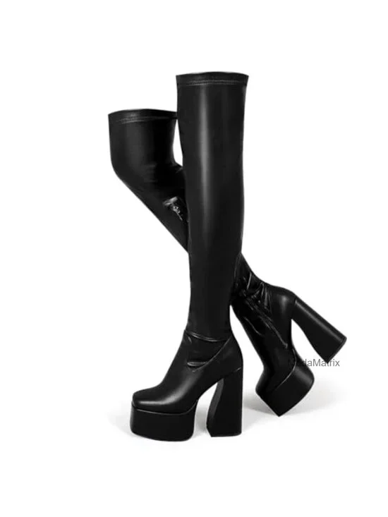 Platform Thigh High Boots Stretch PU Leather Chunky Block Heels Over Knee