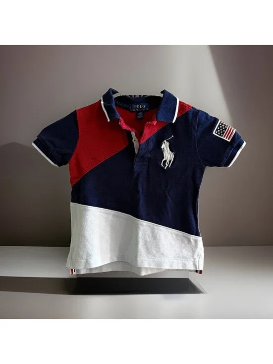 Polo Ralph Lauren Boys 2T Big Pony USA Flag Colorblock Polo Shirt Red White Blue