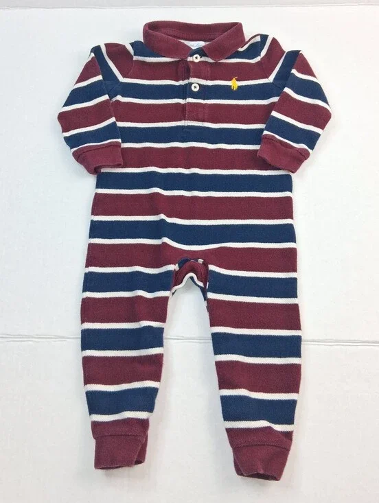 Ralph Lauren Burgundy Navy Blue Stripe Collared Bodysuit 9M