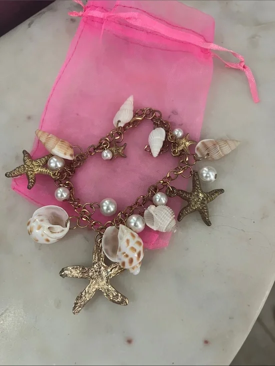 Seashell Charm Bracelet - Pink, Gold & Pearl Beach Theme