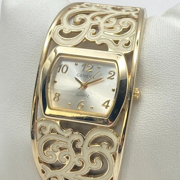 Geneva Women's Watch Gold Tone Cuff Scrollwork Enamel 30mm New Battery 6.5