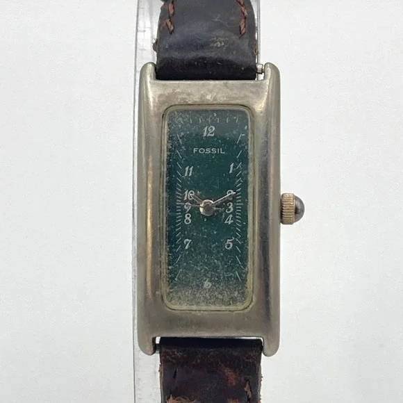 Vtg Fossil Women's Tank Watch 16mm Silver Tone Woven Band Green Dial New Battery