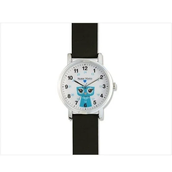 Nurse Mates Owl nurse watch water-resistant Silicone strap - Black White