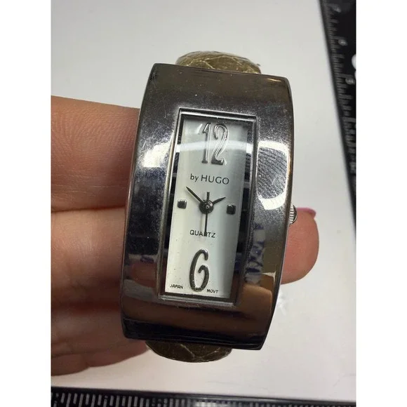 by HUGO Cuff Watch Silver Tone Rectangular Case Gold Snakeskin Band Japan Movt‎
