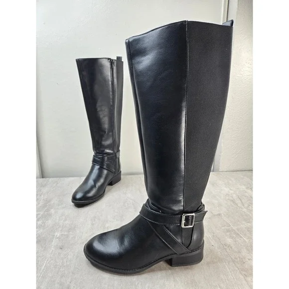 Kelly & Katie Equestrian Knee High Boots 6 Wide Black Buckle Harness Riding Moto