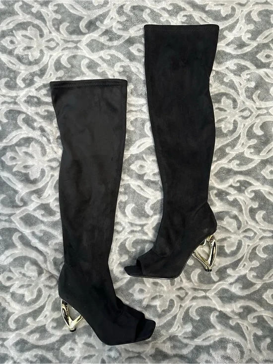 Yoki Black Over-the-Knee Peep-Toe Boots with Sculptural Gold Heel