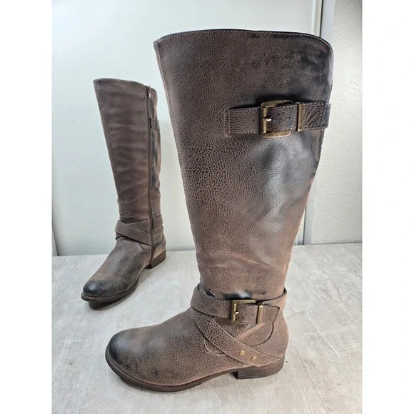 Crown Vintage Knee High Harness Boots Brown Distressed Buckle Riding Tall Moto