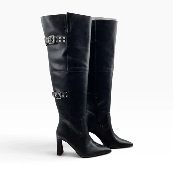 Wild Pair Womens Black Faux Leather Over The Knee Buckle Moto Boots Pointed Toe
